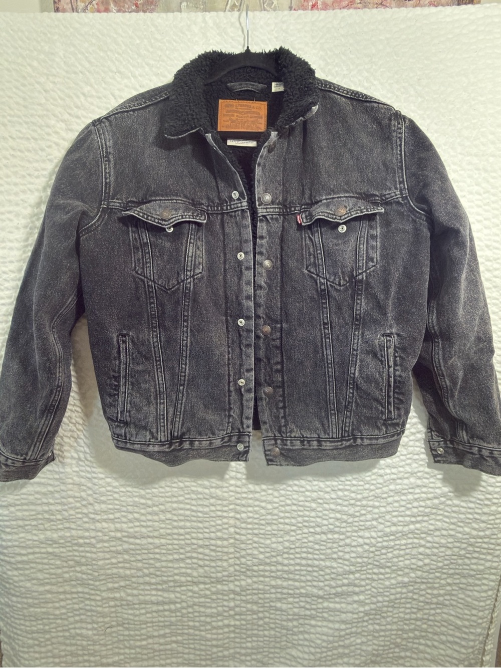 Levi's Black Washed Denim Jacket with Black Sherpa Collar with Big E medium
